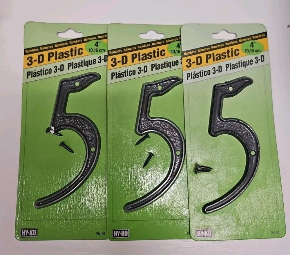 3 Pk Hy-Ko 4" House Number 5 / five Plastic Black w Screws PN-29